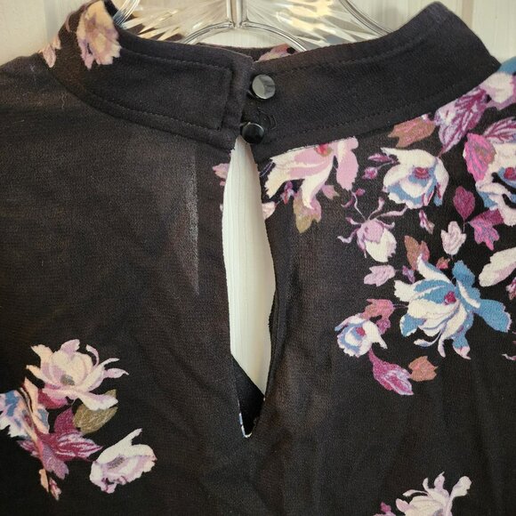BP Floral Keyhole Blouse S | Rayon | Black Purple | Tiered Bell Sleeve - Picture 5 of 8